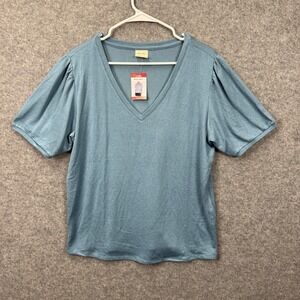 MOD REF Womens Blue V-Neck Puff Short Sleeve Knit Top XL NWT